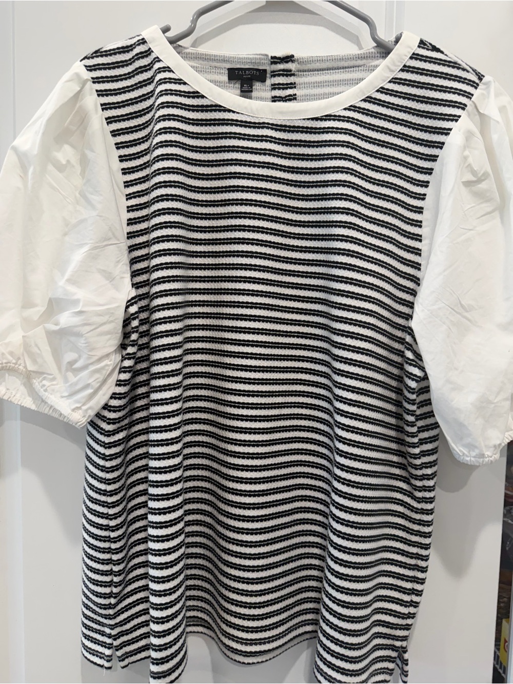 Talbots Black and White Striped Puff-Sleeve Top